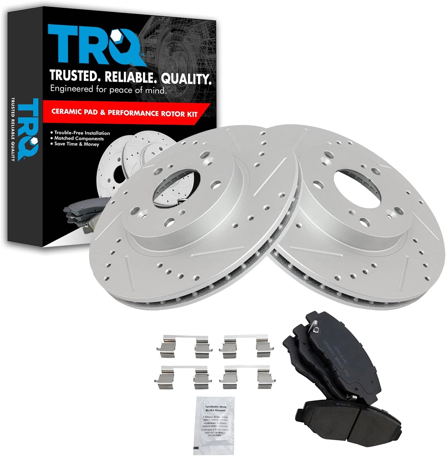 TRQ Performance Brake Rotor Drilled Slotted & Posi Ceramic Pad Front Kit Compatible with 2002-2004 Honda CR-V