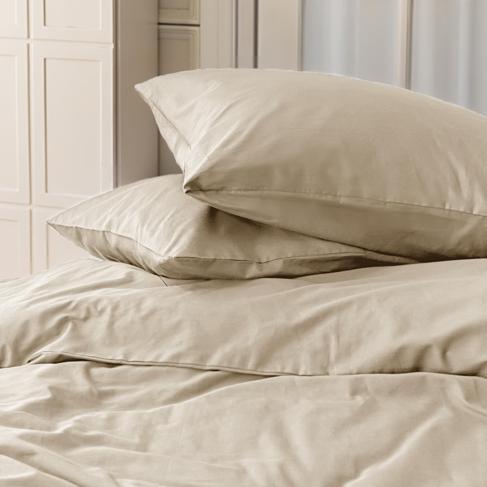 Cotopuro Copripiumino Matrimoniale 100% Cotone 240x220 (2 Federe 50x80), Set Copripiumino in Premium Cotone 150GSM OEKO-TEX, Morbida, Traspirante, Ipoallergenica - Beige