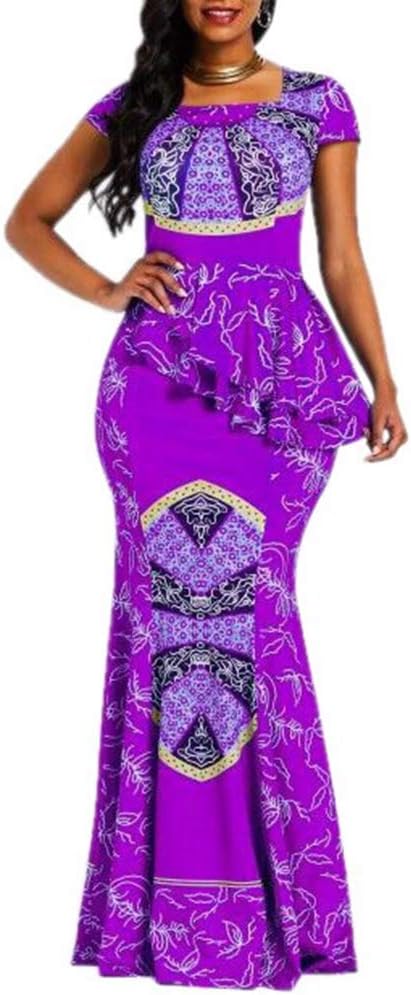VERWINAfrican Dress Cap Sleeve Square Neck Floor-Length Geometric Mermaid Maxi Dress Long Dress