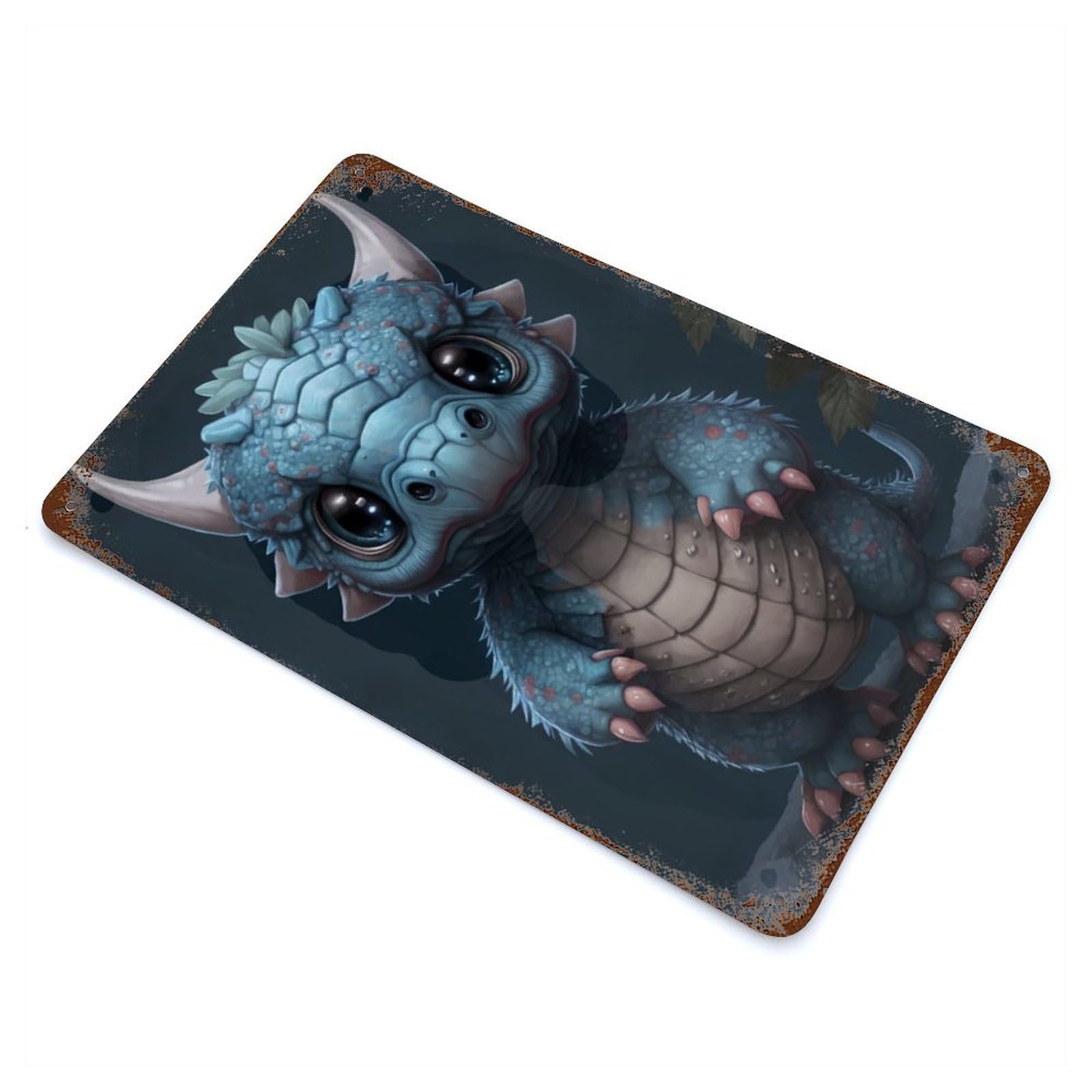 Rusty Metal Tin Sign with Blue Tiny Dragon Design 11.8"x7.9", for Farmhouse, Kitchen And Entryway Decor, Rustic Home Decor