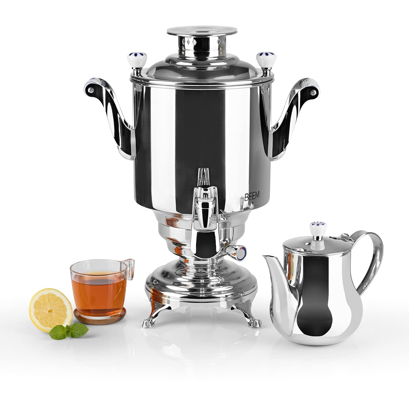 BEEM ROMANOV + Samowar - 5 l | Edelstahl | Türkischer Teekocher elektrisch | 1800 W| 1,3 l Edelstahl-Teekanne mit Sieb | 5 l Wasserkocher | NEU: Dispenser mit Einhand-Bedienung, 07344