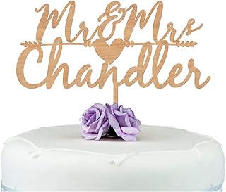 PERSONALISED Mr & Mrs Love Heart Wedding Cake Topper - Rustic Wooden Wedding Cake Keepsake - ANY SURNAME - Mr And Mrs Cake Decoration - Made from Cherry or MDF Wood