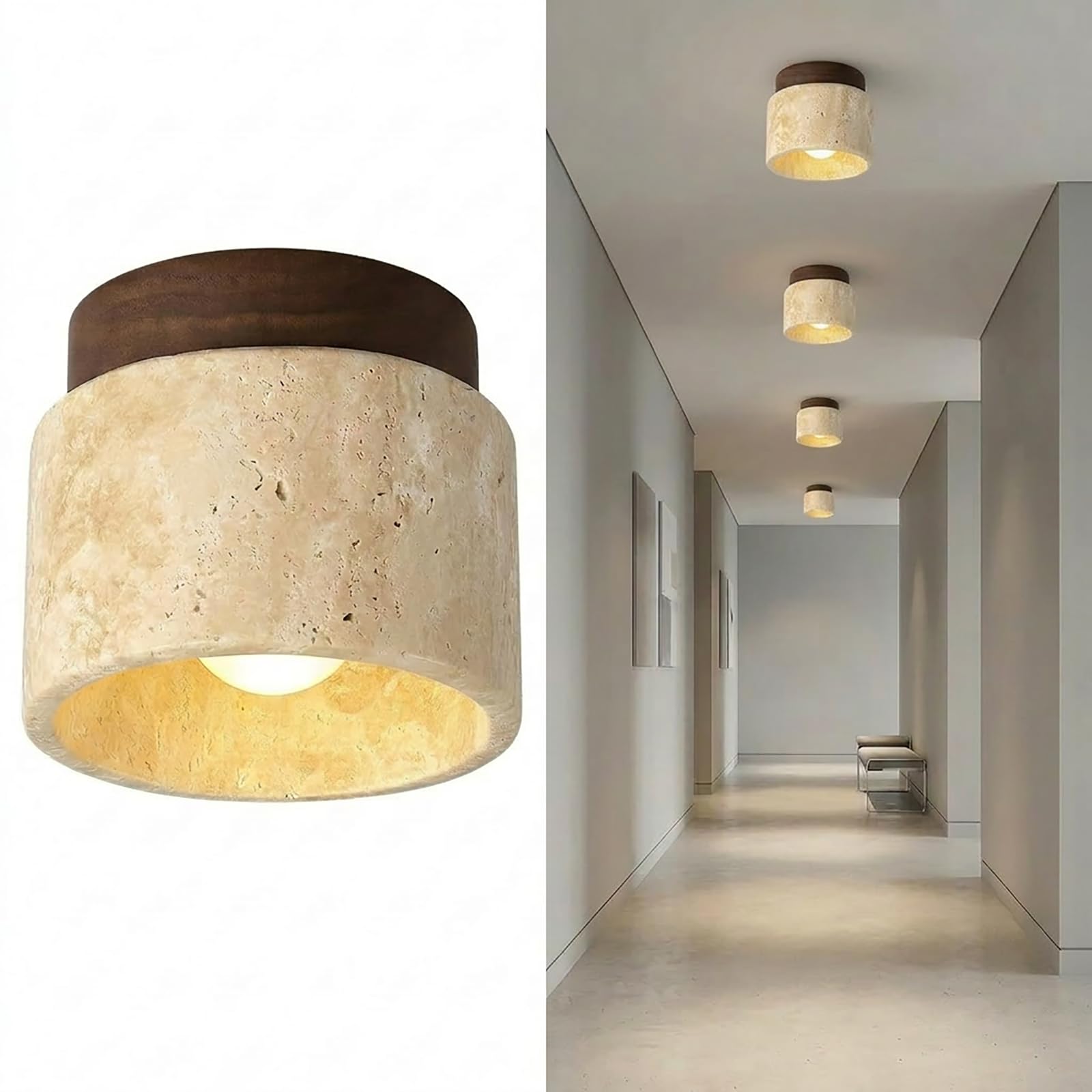 KXEcoLife Natural Stone Marble Semi Flush Mount Ceiling Light, Vintage Farmhouse Kitchen Lighting Fixtures Ceiling, Rustic Hallway Light Fixture for Bedroom, Bathroom, Dining Room, Entryway