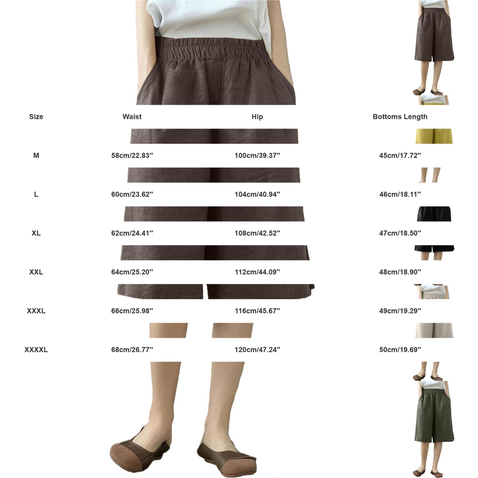 Generisch Short court noir en coton et lin avec coupe à cinq points pour femme, fin, taille haute, ample, amincissant, décontracté, droit, jambe large
