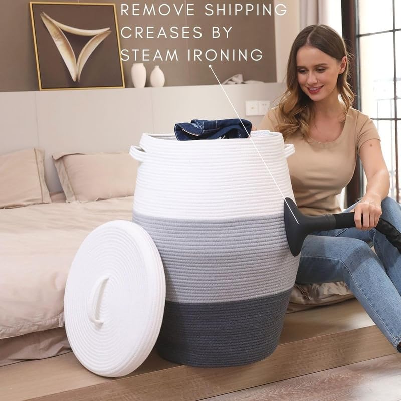 Image of Storage Cotton Rope Basket and Laundry Hamper for Dirty Clothes, Towels, Blankets, Pillows Storage in Living Room, Laundry Room and Bedroom (White Grey & Dark Grey With Lid, 14x18 Inch)