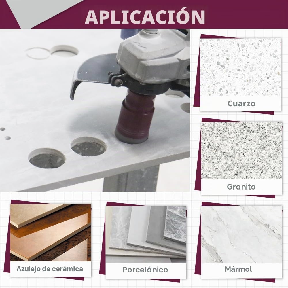 Brocas para Porcelánico 9 Piezas - 20/25/35/55/68mm x M14 Corona de Diamante, 20mm Fresa, 50mm Broca de Chaflán, Aadaptador, 125mm Disco Diamante para Azulejos Cerámica Mármol Granito