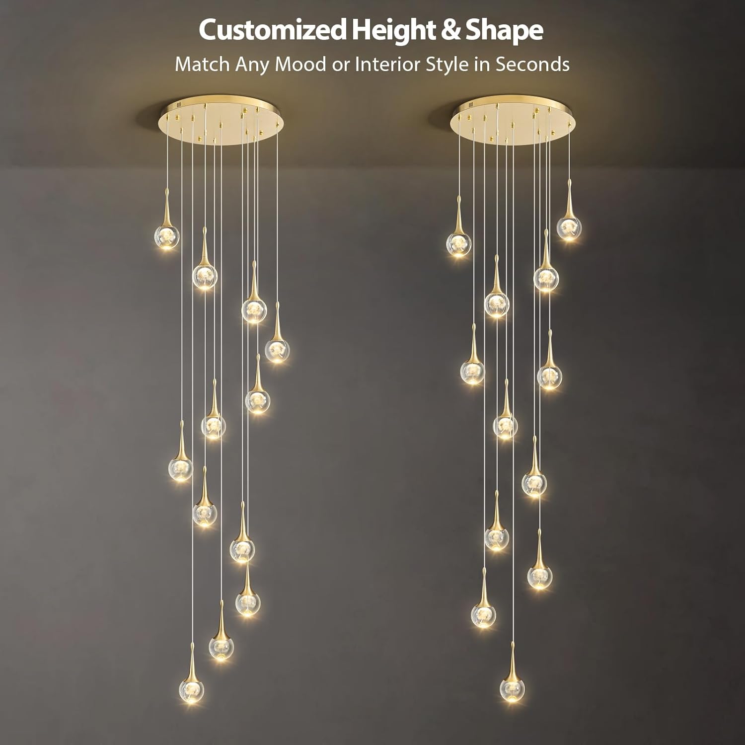 Dandelion Crystal Light Staircase Chandelier: Modern Raindrop Round Dimmable LED Ceiling Hanging Pendant Fixture - Large Long Chandeliers for High Ceilings Living Room Entryway Stairs Foyer 12 Lights
