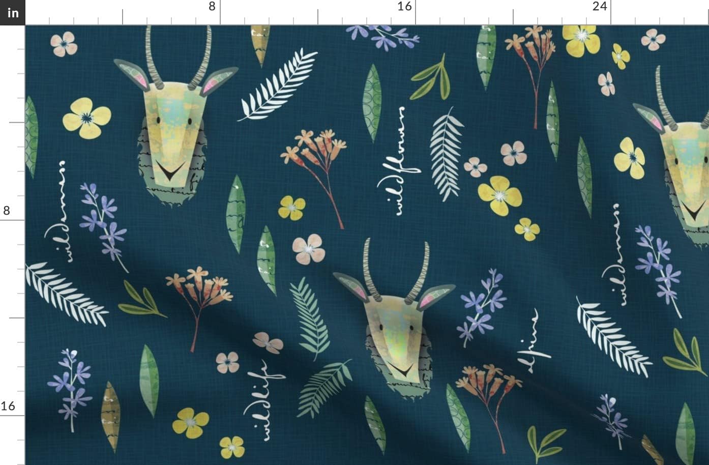Spoonflower Fabric - Goats Dark Blue Goat Wildflower Flowers Alpine Forest Nature Printed on Organic Cotton Sateen Fabric by The Yard - Sewing Quilting Apparel Home Decor