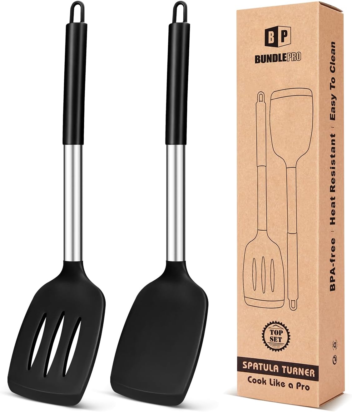 - Pack of 2 Silicone Solid Turner, Non Stick Slotted Kitchen Spatulas, High Heat Resistant BPA Free Cooking Utensils, Ideal Cookware for Fish, Eggs, Pancakes(Black)