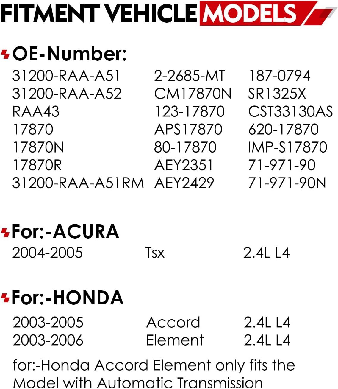 Upgraded Starter Motor for:-Honda Element 2003 2004 2005 2006 2.4L Automatic Transmission Accord LX EX DX 2003-2005 2.4L, for:-Acura TSX 2004 2005, 12V 1.6KW 9 Teeth CW OE# 17870N 31200-RAA-A51