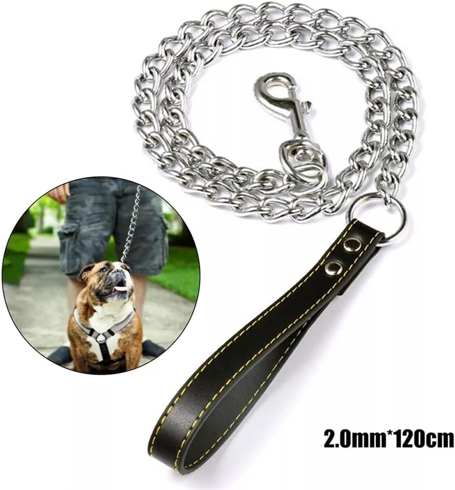 V噛みつき防止犬用リーシュ トレーニングリード 頑丈で耐久性のあるチェーン クロムメッキメタル犬用リーシュ 犬用チェーン レザーパッ -  FIRAWASPORT.COM