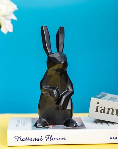 Figura coleccionable de conejo de cerámica, figura abstracta, escultura de superficie geométrica, decoración del hogar de conejo negro, escultura