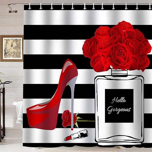 Miniatura 8 de Cortina de ducha de tacones altos morados, Hello Gorgeous Perfume a rayas blancas y negras, lápiz labial de mariposa rosa, maquillaje moderno de