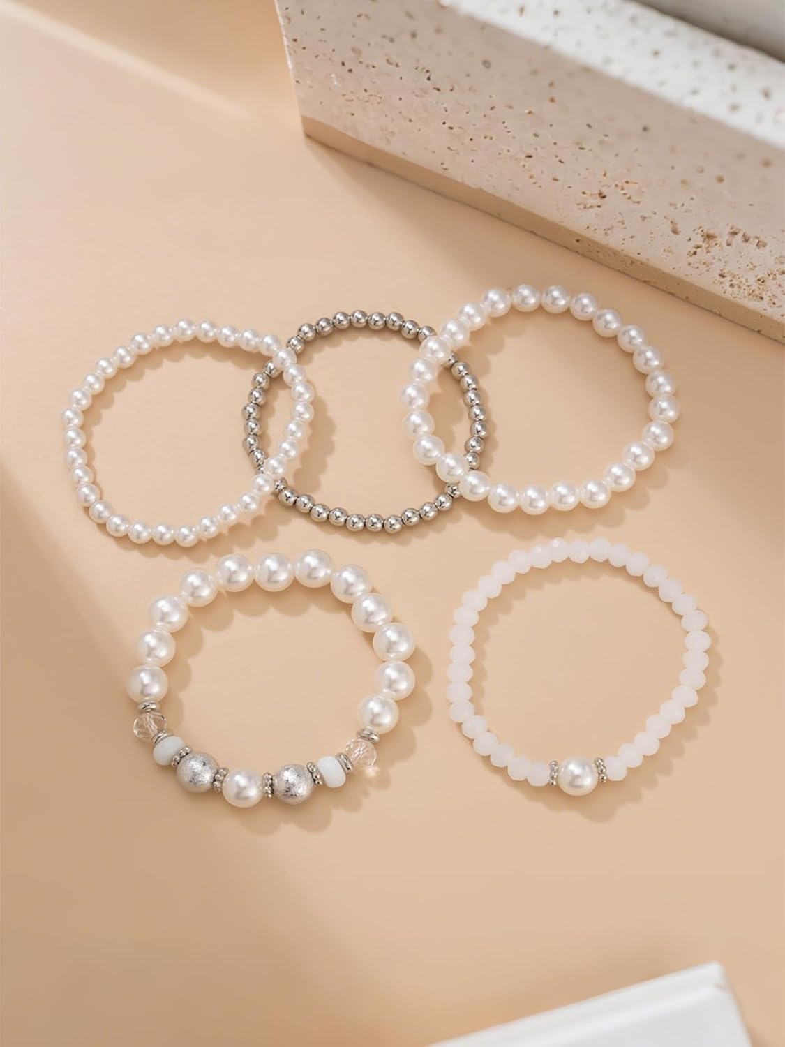 5Pcs Beaded Stretch Bracelets for Women Silver Stackable Pearl Bracelet Set Layering Crystal Stone Beads Bracelet Boho Faux Pearl Beaded Bracelets Trendy Costume Jewelry Wedding Dress Prom Jewelry - Image 5