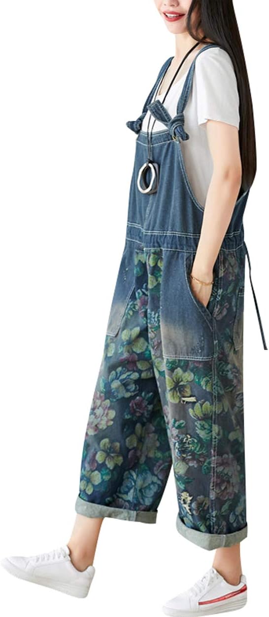Women's Denim Wide Leg Drop Crotch Jumpsuit Rompers Overalls