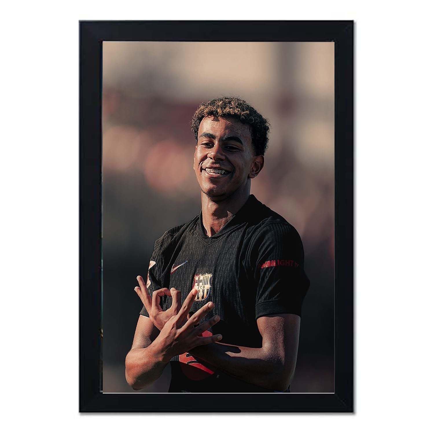 LOOK AT Lamine Yamal.Framed Football Player Wall Art, Black Frame, Sports Photography Print, Barcelona Jersey Art A4 Size | Pack of 1