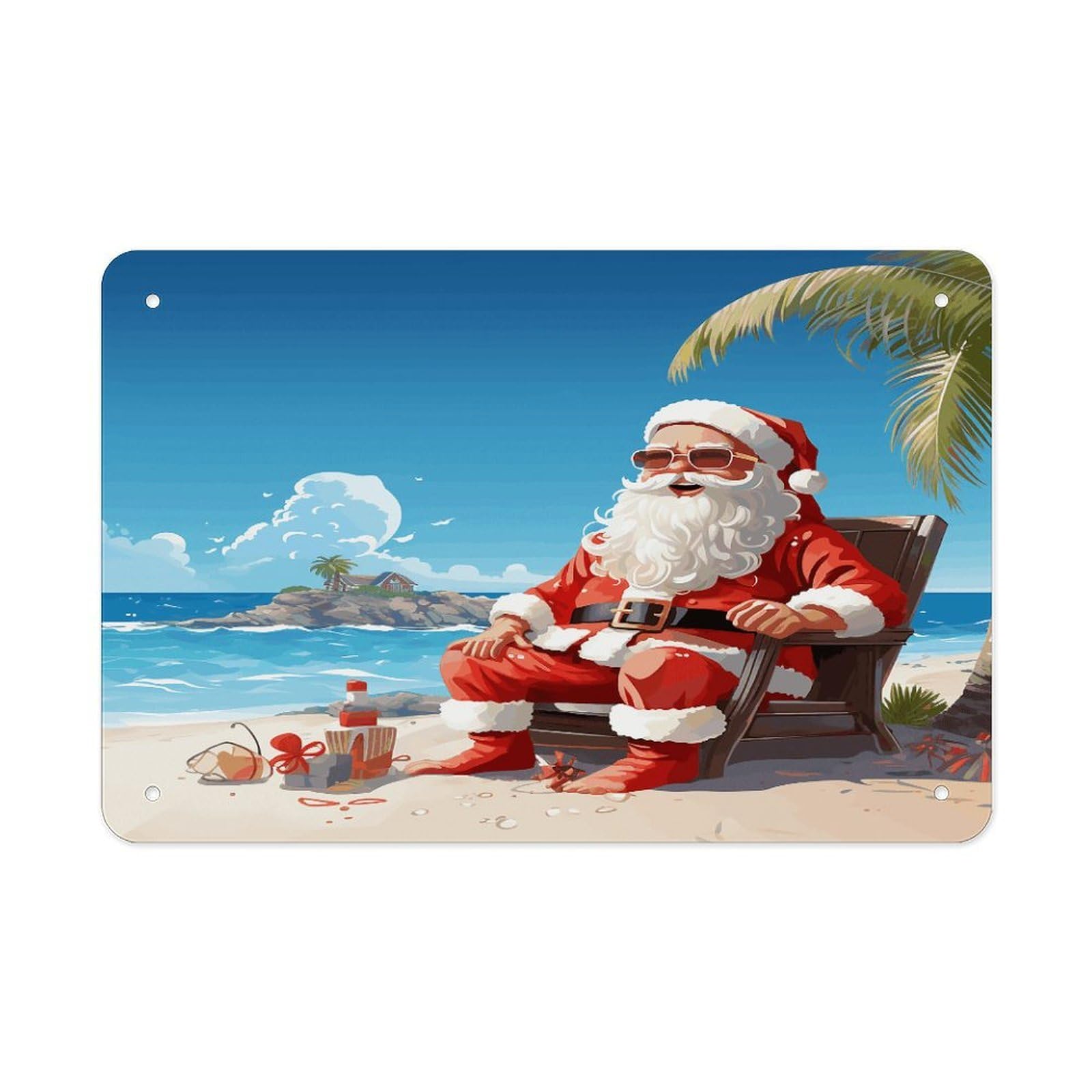 Santa Claus at Beach Metal Tin Sign 12"x8" Wall Art Prints Poster Decorative Picture Metal Signboard Decor Painting Folded Edge Iron Sheet Painting with Holes for Wall Decor