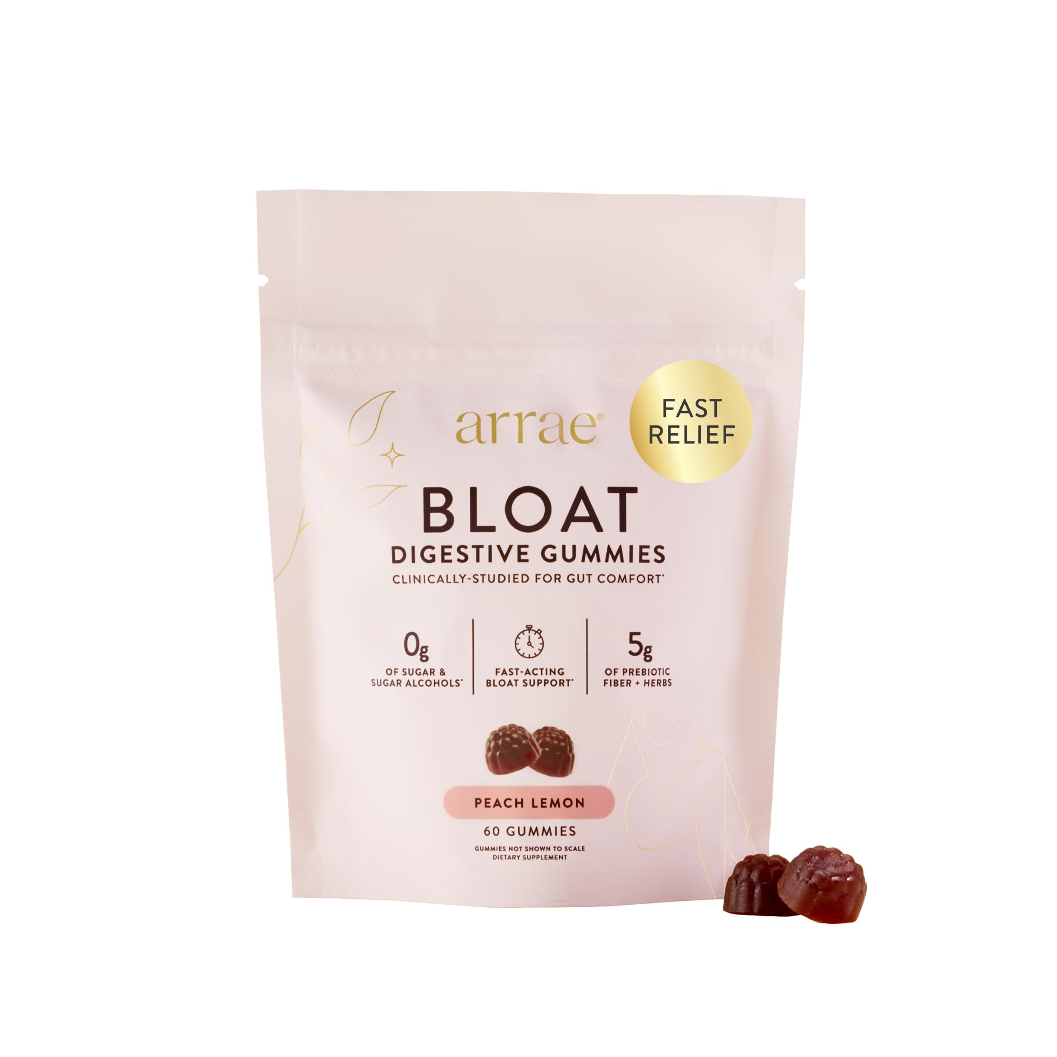 Arrae Bloat Gummies, Sugar-Free with Fiber, Peach Lemon, 60 Count