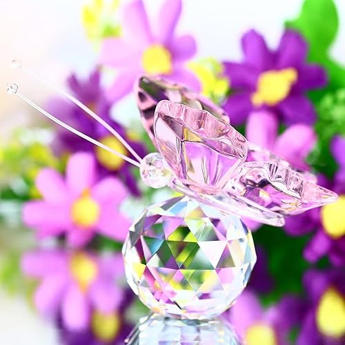 Miniatura 4 de HD HYALINE  DORA Mariposa voladora de cristal rosa con base de bola de cristal colección de adornos de vidrio cortados estatua de animales