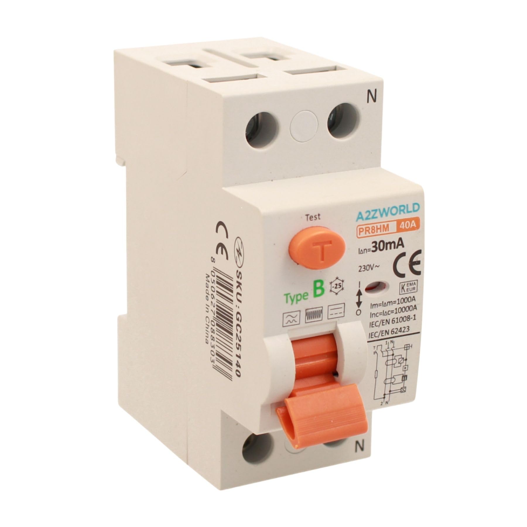 Interrupteur différentiel pur type B, disjoncteur différentiel type B 40A, RCCB 1P+N 10kA 30mA 220V, 2 modules DIN, série PR8HM électromagnétique, certifié IEC61008-1