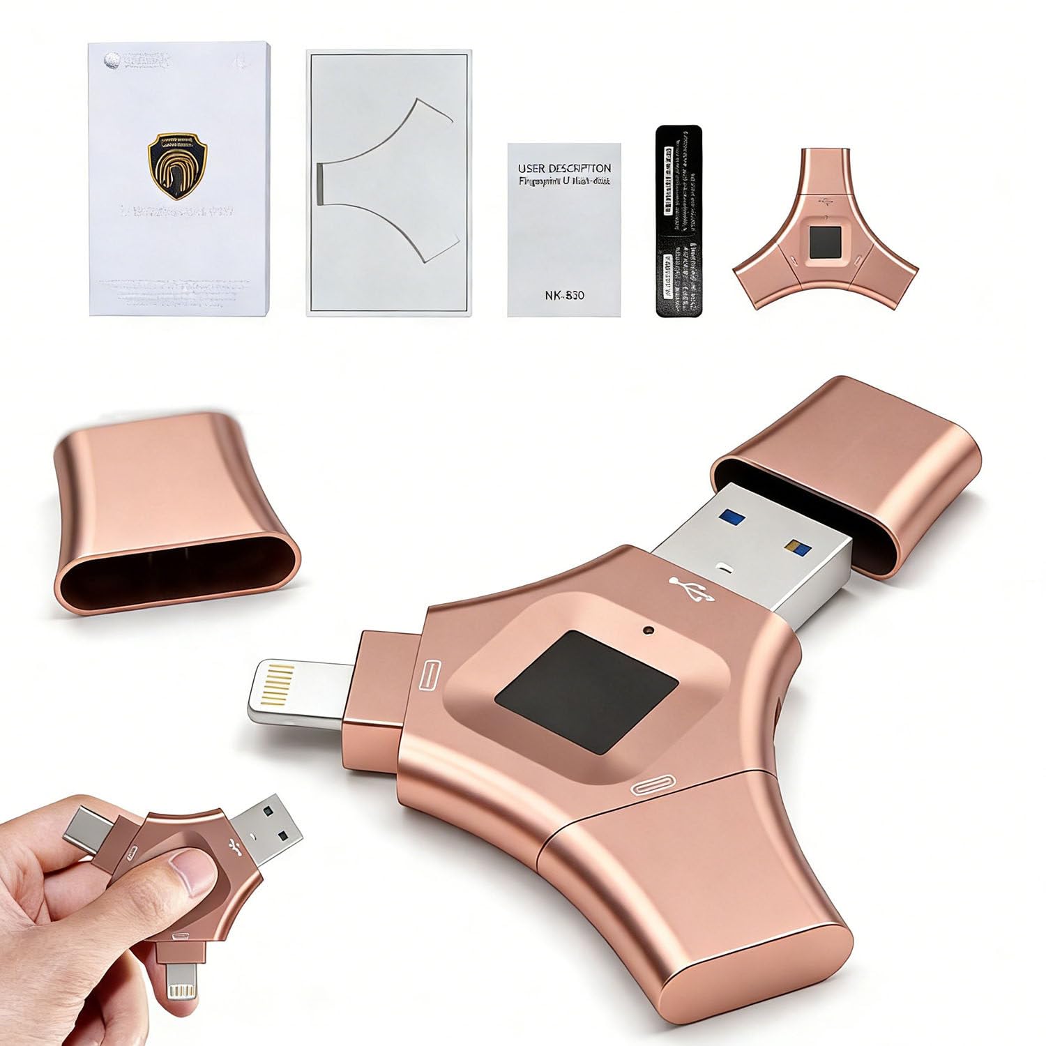 3-in-1 USB Flash Drive,3.0 Encrypted Flash Drive,for Data Storage,Fingerprint Encrypted USB Drive,64-512GB,Up to 64 Fingerprint ID,for IP-ad/IP-Hone/Android/PC/Mac 128GB