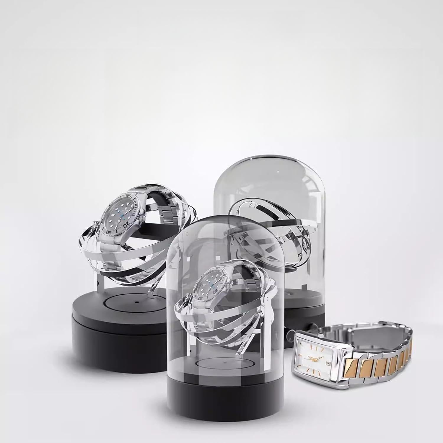 VILA SMO Rechargeable Single Watch Winder Box, Automatic Watch Winder, With Transparent Glass Cover, 4 Modes, Quiet Motor, Anti-magnetization Design, For Mechanical Watches silver