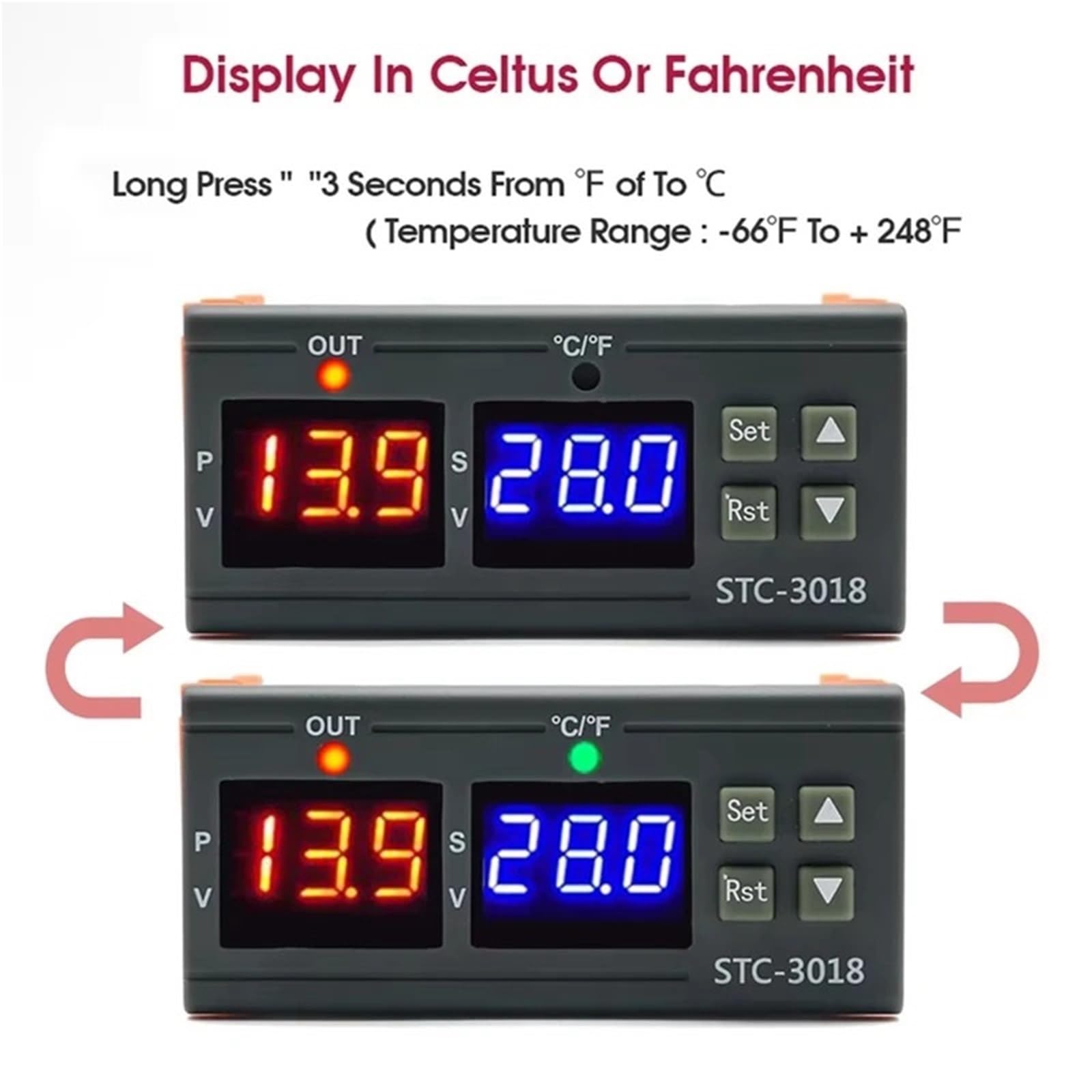 STC-3018 Doppio regolatore di temperatura digitale Termostato termoregolatore a due uscite a relè con riscaldatore e raffreddatore(As Shown 12V)