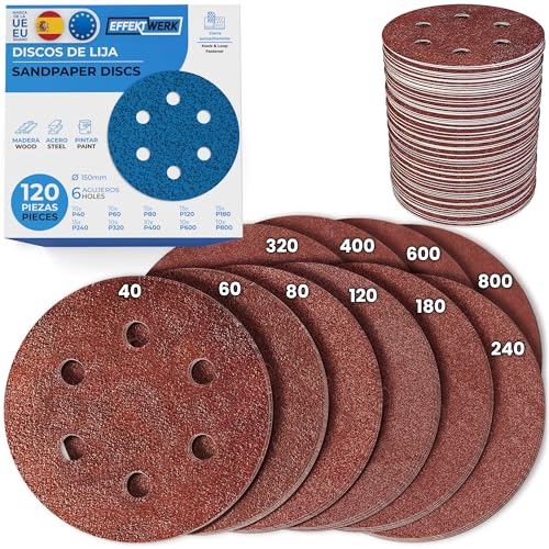 Discos de lijado EffektWerk (paquete de 120, 6 agujeros), papel de lija de 150 mm con varios tamaños de grano (40, 60, 80, 120, 180, 240, 320, 400, 600, 800)