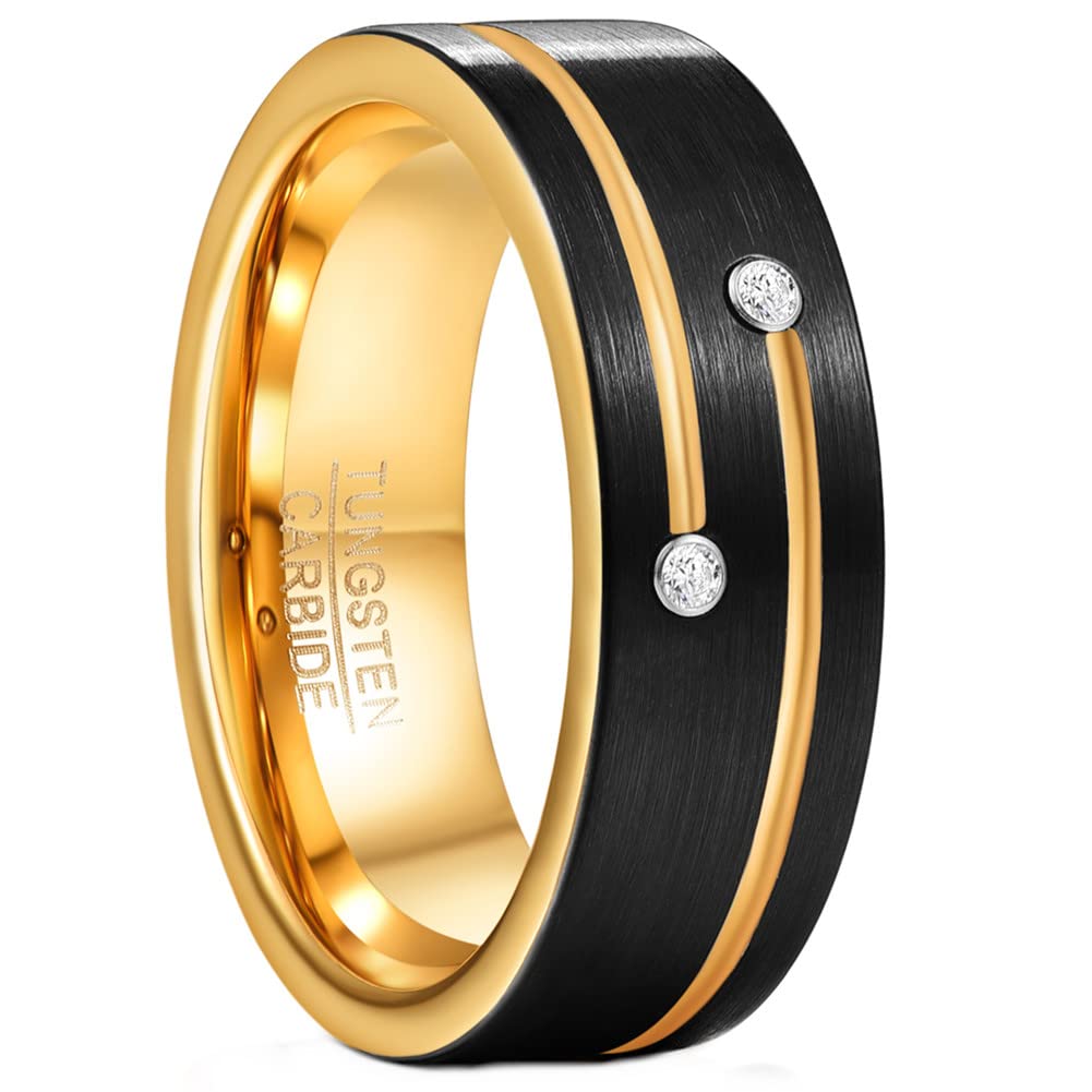 Vakki Black 8mm Tungsten Rings with Gold Groove for Men Cubic Zirconia Inlay Promise Bands Size 10
