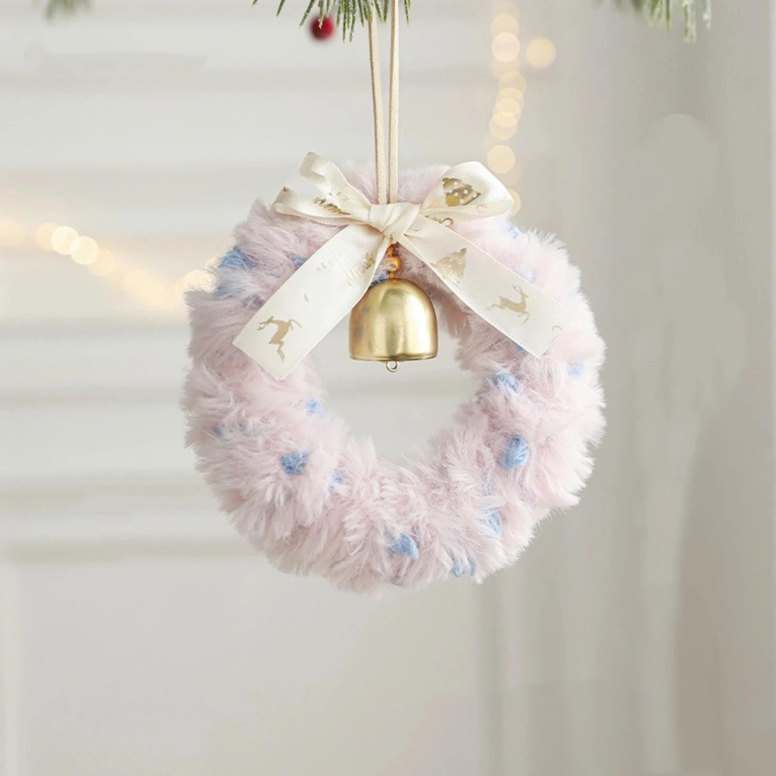 Bell, Bow, Plush Flower Wreath Decoration, Festive Atmosphere Pendant, Ribbon Hanging, Window Decoration