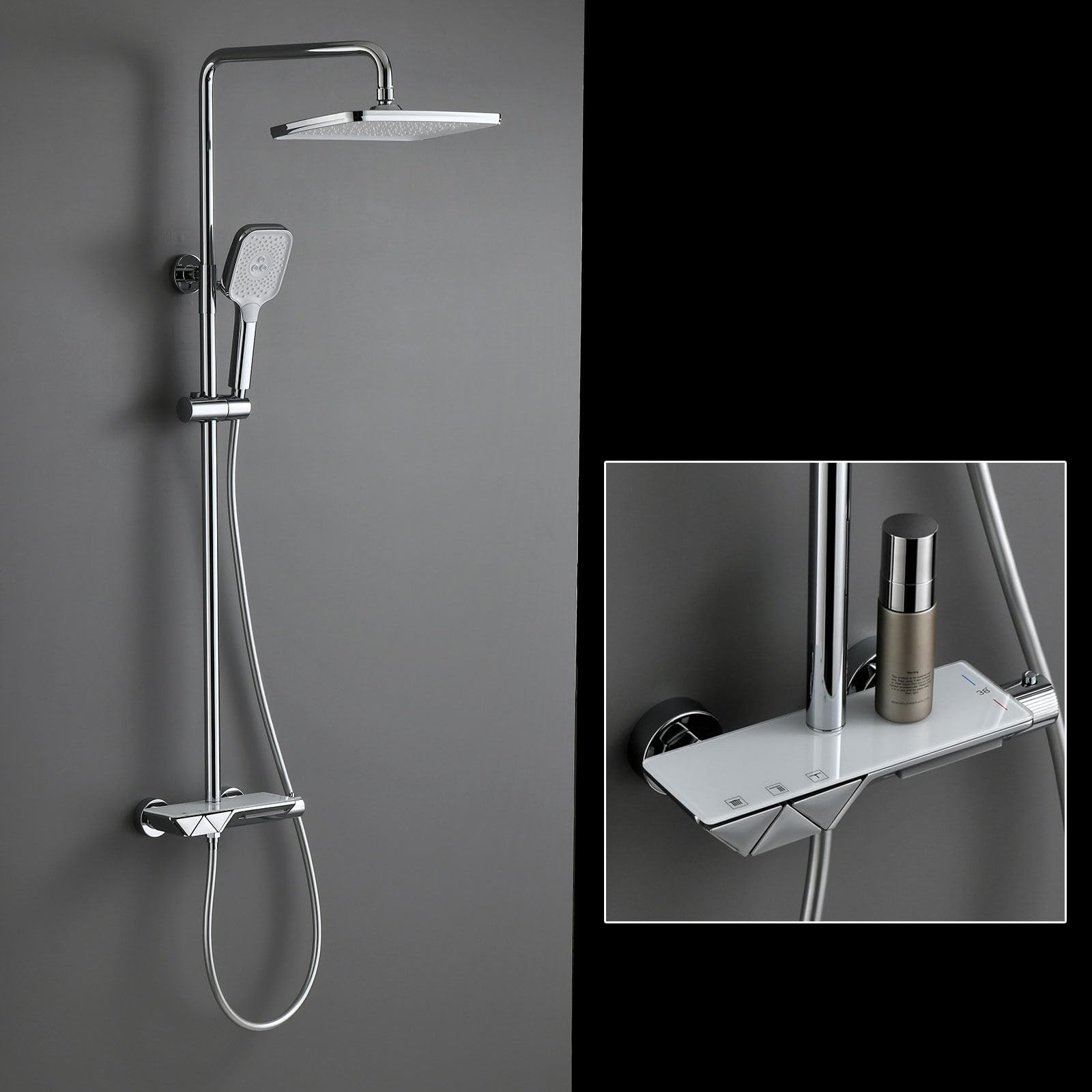Système de douche thermostatique avec colonne carrée 30x20cm et robinet cascade de baignoire