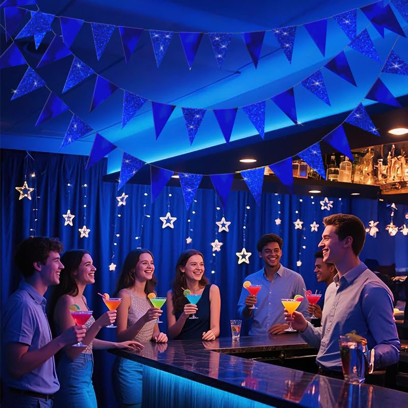 Image of Blue Hanging Triangle Flag Pennant Garland Blue Hanging Paper Pennant Streamer Paper Triangle Flag Bunting Banner for Graduation Wedding Engagement Birthday Party Decorations 30 Feet