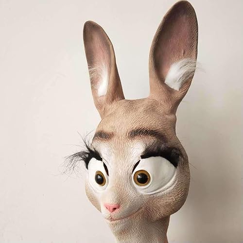 Vista 4 de Judy Hopps - Máscara de conejo de látex para cabeza de animal, disfraz de Halloween, disfraz de Halloween, fiesta, máscara de cabeza de animal