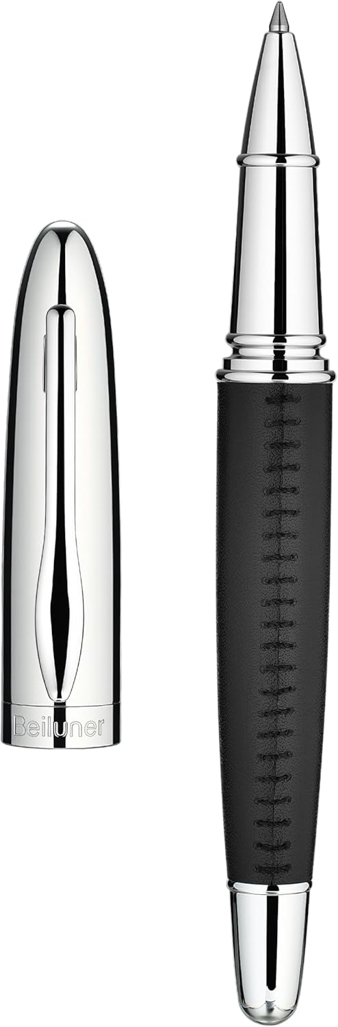 BEILUNER 318 Luxury Leather Pen, Hand-Stitched Premium Leather, Chrome-Plated Finish, Schmidt Ink Refill, Best Rollerball Pen Gift for Men & Women, Refillable, Executive Writing, Nice Pens
