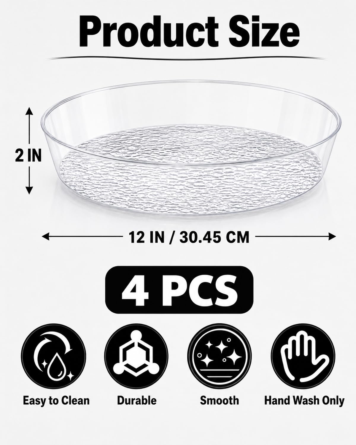 Serviertablett, 4 Stück, 30,5 cm, transparente Kunststoff-Tabletts zum Servieren von Lebensmitteln, Kunststoff-Serviertabletts, rundes Serviertablett, großes Serviertablett für Badezimmer, Waschtisch