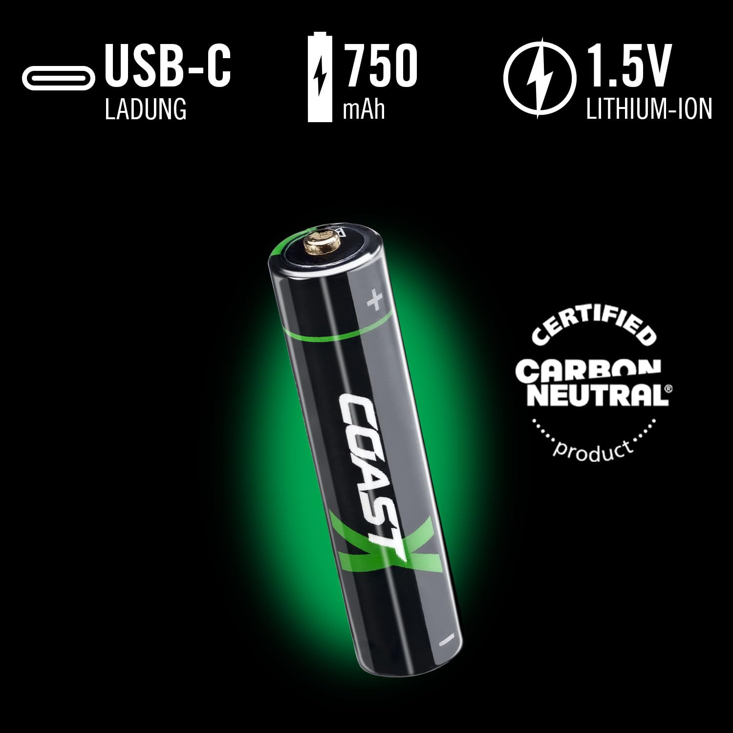 Coast AAA USB-C Batteries, ZITHION-X, Lithium-Ion 1.5 V 750 mAh