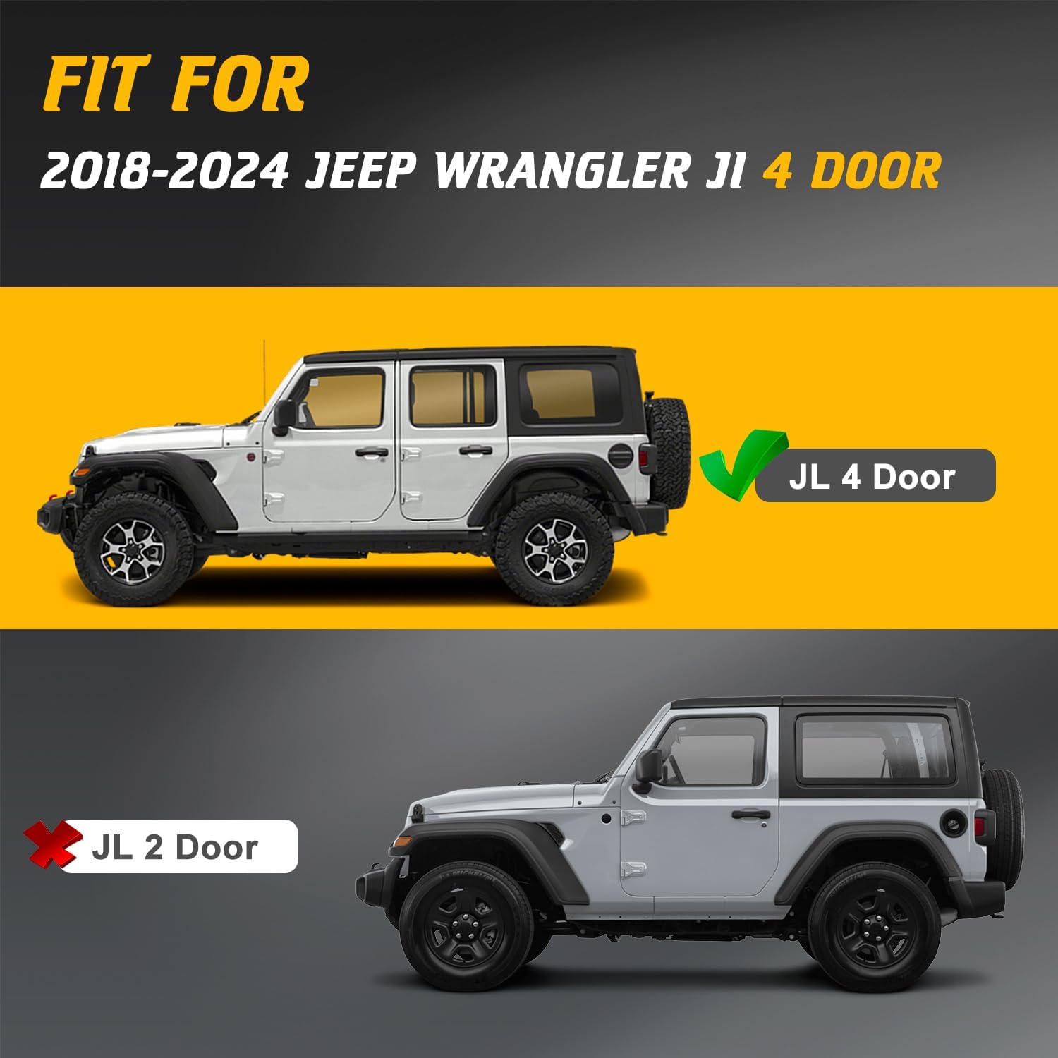 Running Boards Fit for Jeep Wrangler JL and Unlimited 4 Door 2018 2019 2020 2021 2022 2023 2024 2025, Non-Slip Design Side Steps, 6.9" Textured Black Step Bars
