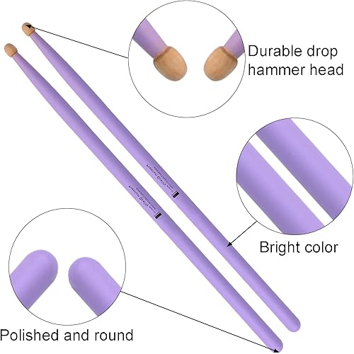 Miniatura 3 de WANDIC Baquetas, 1 par de palos de instrumentos de percusión morados, clásicos, ligeros, de madera de arce para adultos