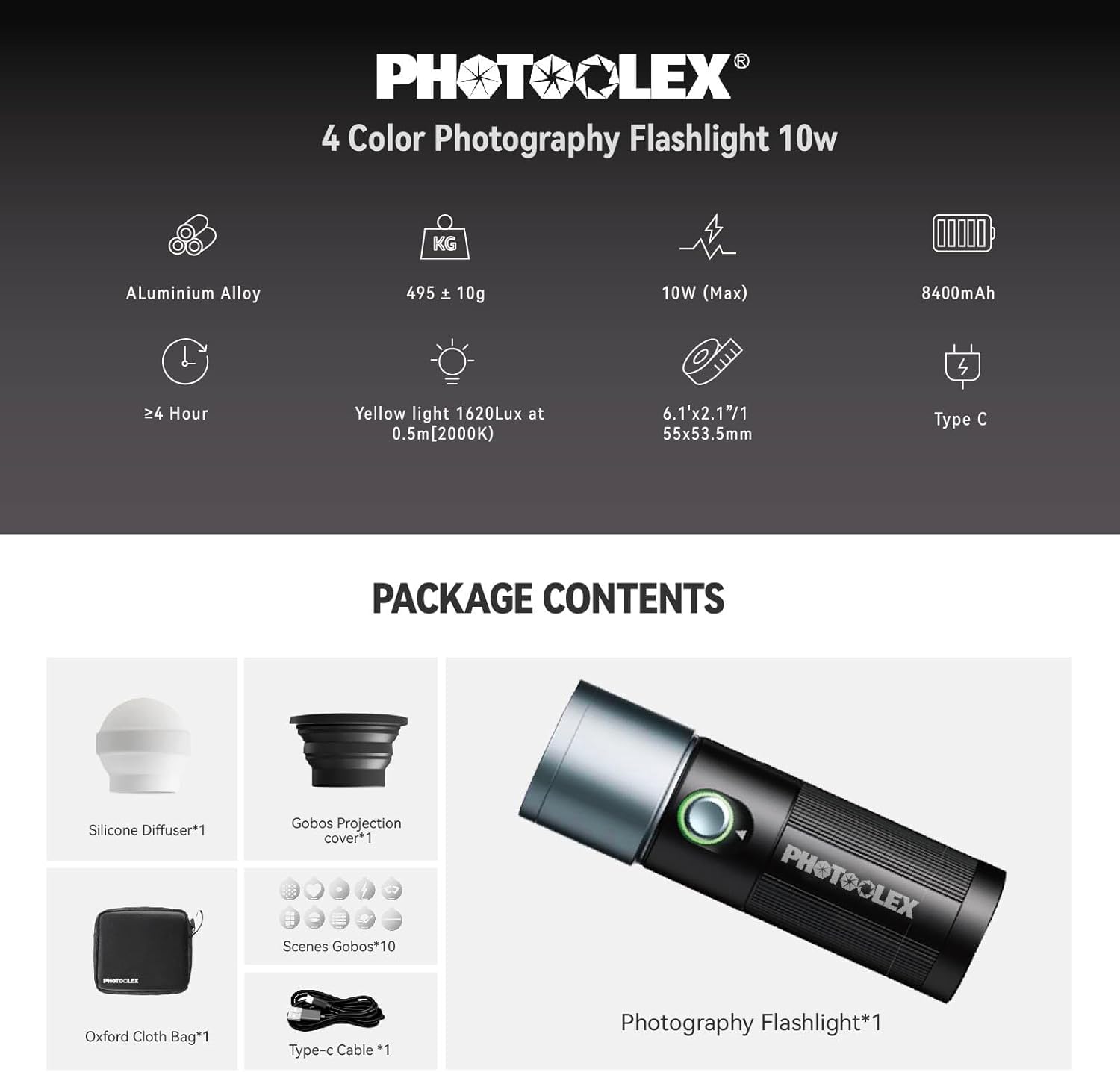 PHOTOOLEX Linterna de Fotografía LED, Luz Ambiental Estampada de Aleación de Aluminio de 8400mAh, luz de Relleno de 4 Colores con 20 gobos de patrón magnético, 10W luz de Estudio para Fotos, Videos