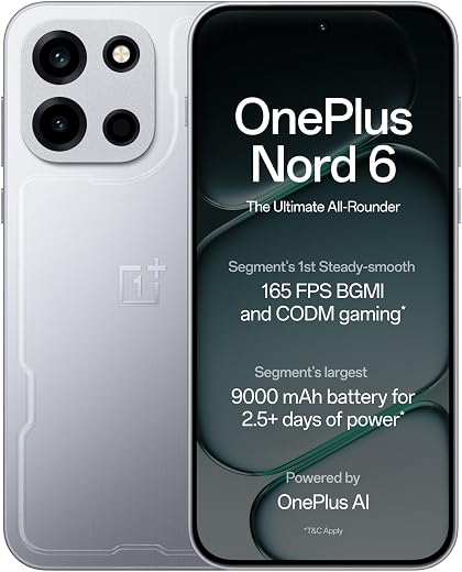OnePlus Nord 6 | 8GB+256GB | Quick Silver | Snapdragon 8s Gen 4 | Segment's First Stable 165FPS Gaming | Segment's Largest 9000mAh Battery | Most Complete IP Rating | Personalized AI