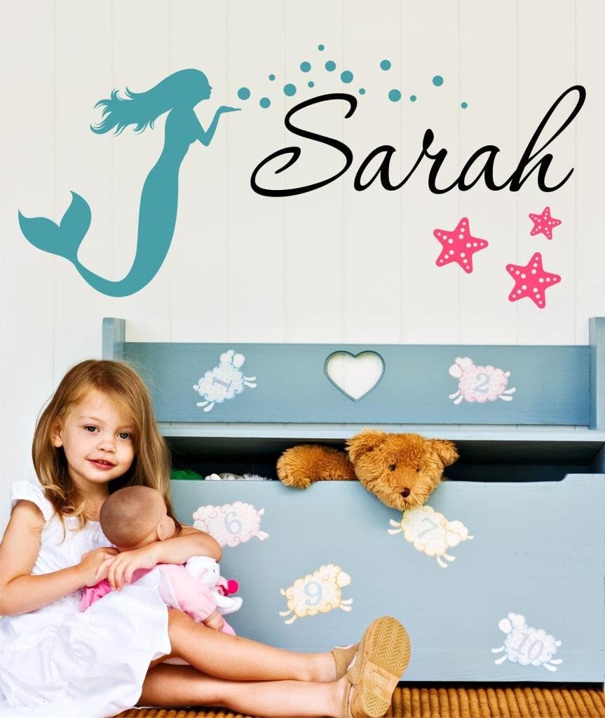 Mermaid and Starfish Name Girl's Custom Personalized Wall Decal, Mermaid Decals, Girl Name Wall Decals, Mermaids Starfish Decal, Girls Name Decal B24 Plus Free White Hello Door Decal with Purchase