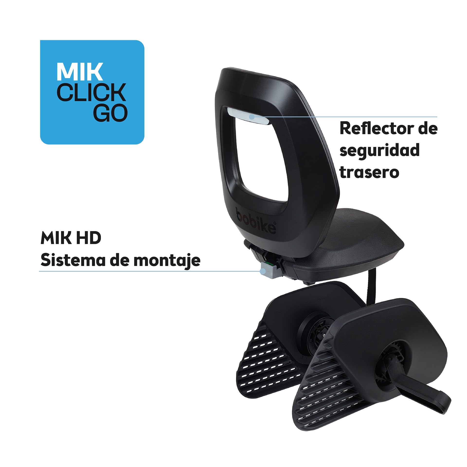 BOBIKE 8011900001 - Silla Bicicleta Trasera para Portaequipajes MIK-HD One Junior, Niños Desde 6 Años, hasta 27 kg, con Reposapiés Retráctiles, Cinturón de Seguridad, Negro