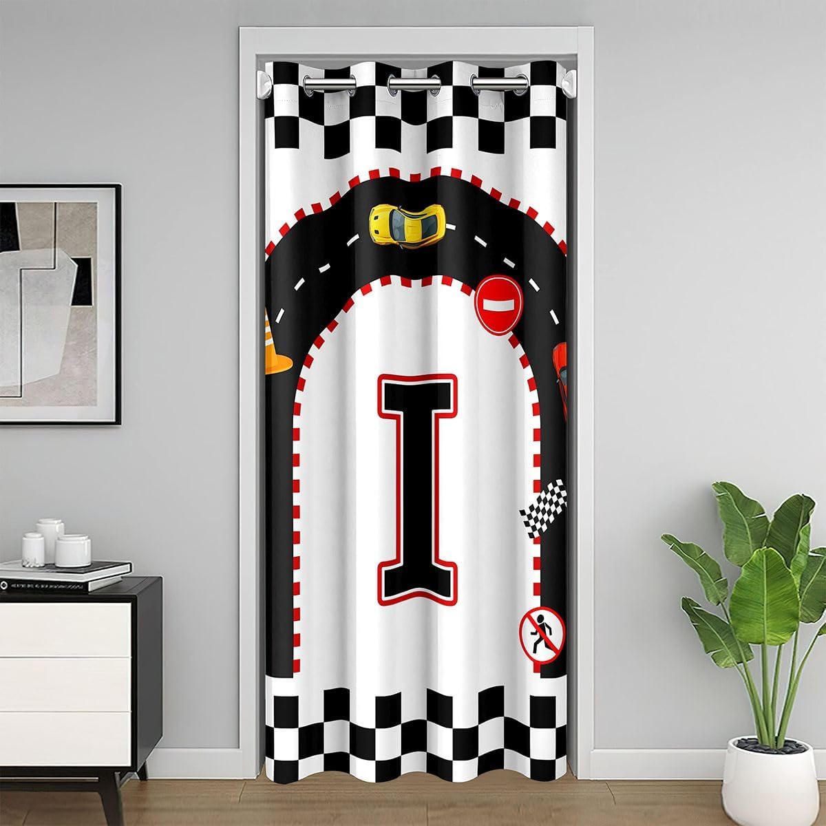 Erosebridal Personalized Initial I Door Curtain For Doorway Privacy Cartoon Car Soft Breathable Kids Boys Blackout Curtain Cool Vehicle Checkered Door Drape Racing Themed Window Treatment 34"W x 80"L