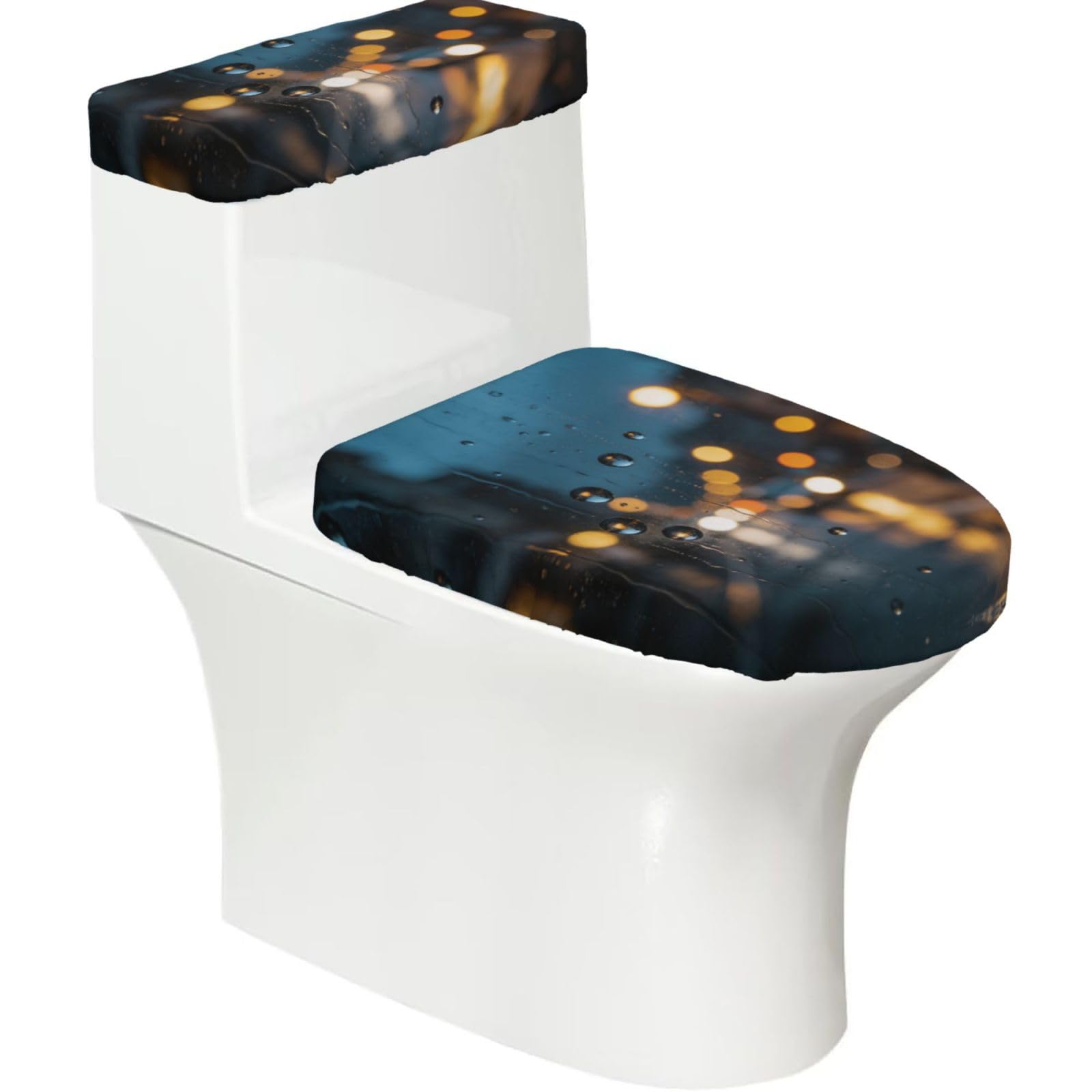 Rain Drop Glass Elastic Toilet Cover Set of 2-Stretchy Lid and Tank Covers for Bathroom, Soft Washable U Shape Toilet Decor