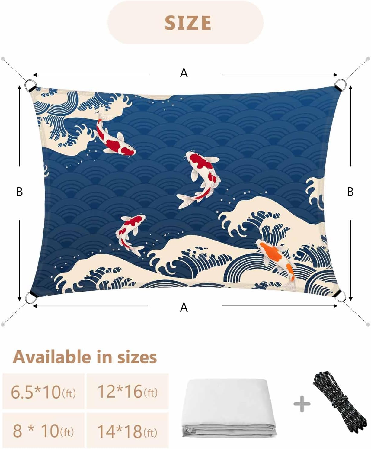 Coastal Wave Sun Shade Sail Outdoor 12'x16', Japanese Style Ocean Fish Blue Rectangle Canopy Sunshine Block Sun Shade Canopy Outdoor Canopy Sunshade Awning for Patio Garden Deck