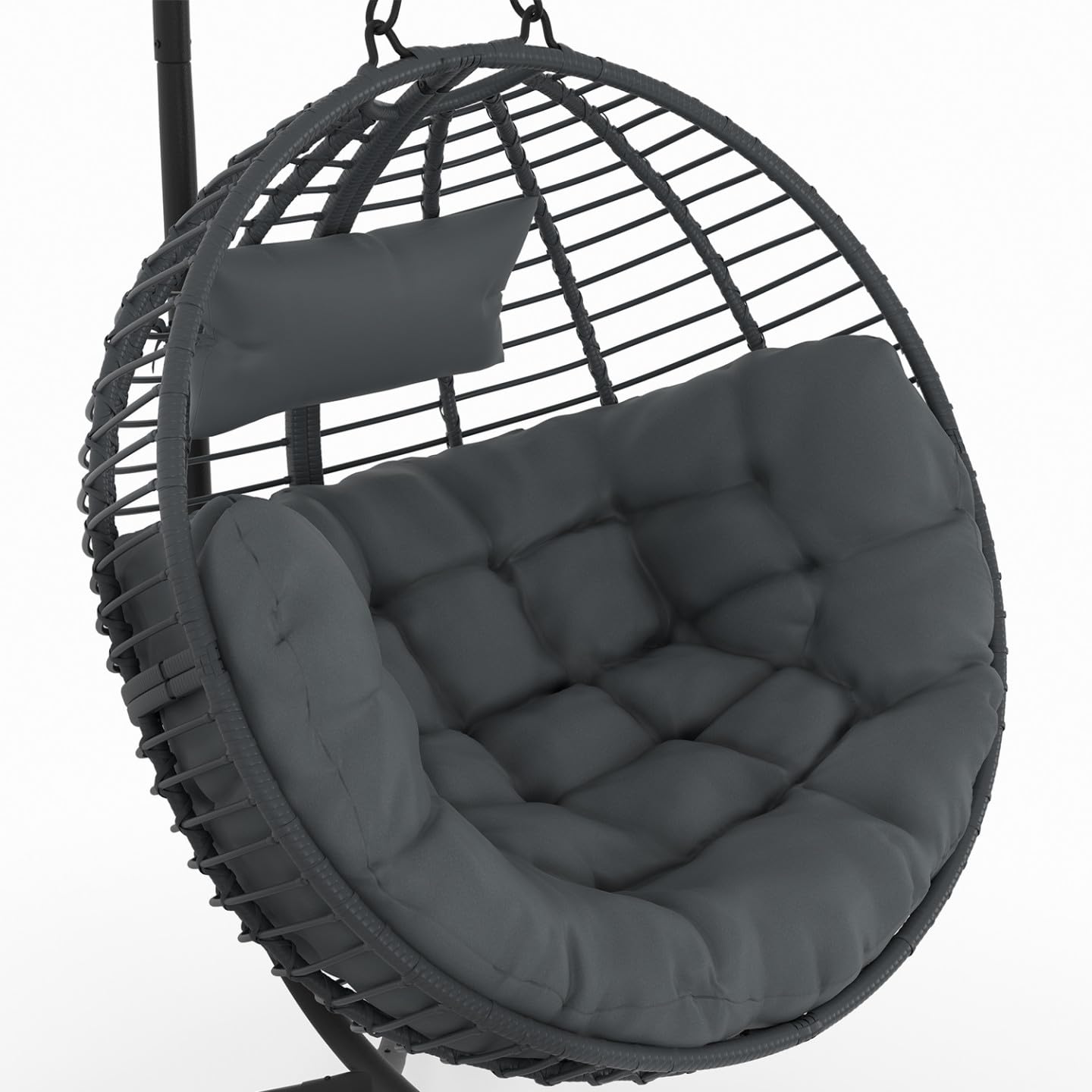 IDMarket - Fauteuil Rond Suspendu ajouré Effet rotin Gris avec Coussin Gris