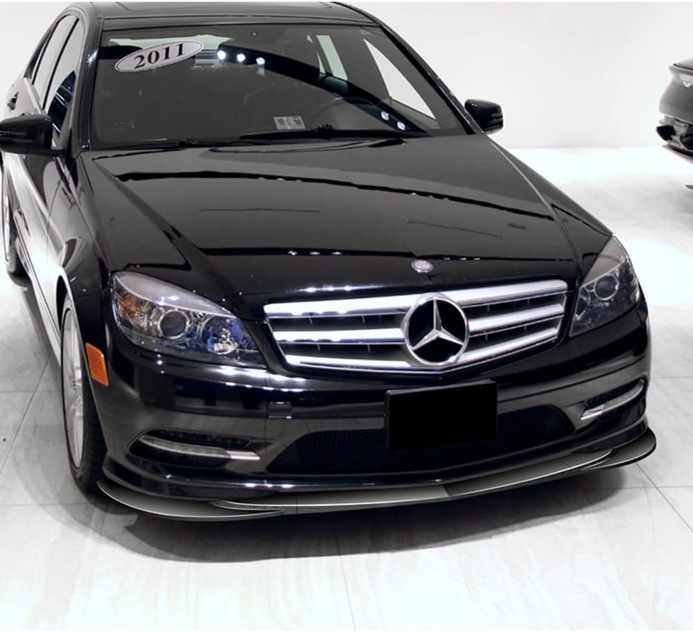 Q1-TECH, 5-Piece Front Bumper Lip + Side Skirt Rocker Winglet Canard Diffuser Wing Compatible with 2008-2011 Mercedes-Benz C300 / C350 Sedan W204, Front Lip Spoiler Body Splitter (Painted Black)