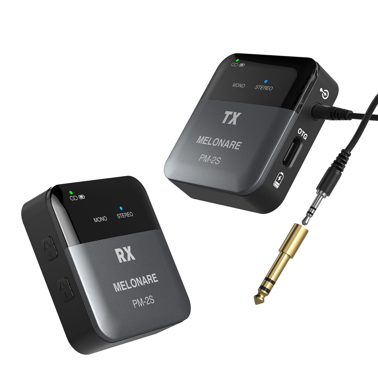 MELONARE PM-2S Système de moniteur intra-auriculaire sans fil portable, commutateur mono/stéréo, émetteur et récepteur sans fil, audio 24 bits/48 kHz, entrée OTG, IEM pour spectacles en direct