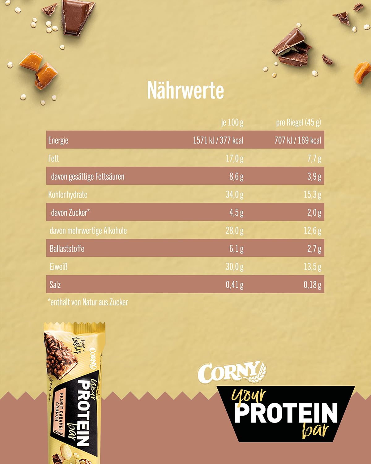 Corny Proteinriegel Peanut Caramel Crunch, 30 Prozent Protein, Eiweißriegel ohne Zuckerzusatz, 12 Stück (1er Pack)