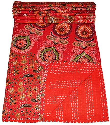 YUVANCRAFTS Indian Vintage Kantha Quilt Traditional Mandala Print Kantha Quilt Bedspreads Throw Blanket (Red, Twin Size)